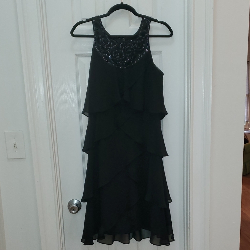 SLNY Black Ruffled Tiered Halter Dress